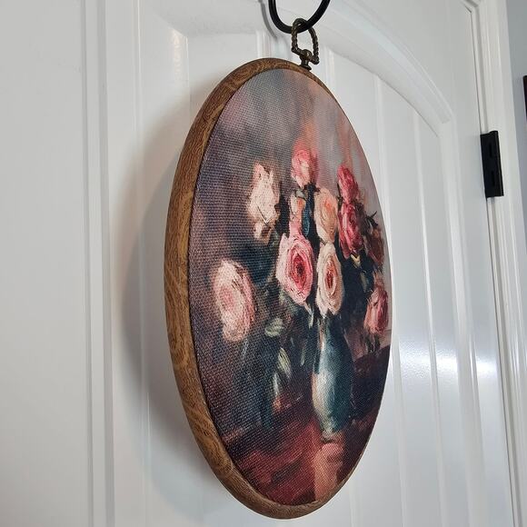 Floral Art Framed Picture Pink Roses Vase Round Cottage Country Renaissance - Picture 2 of 9